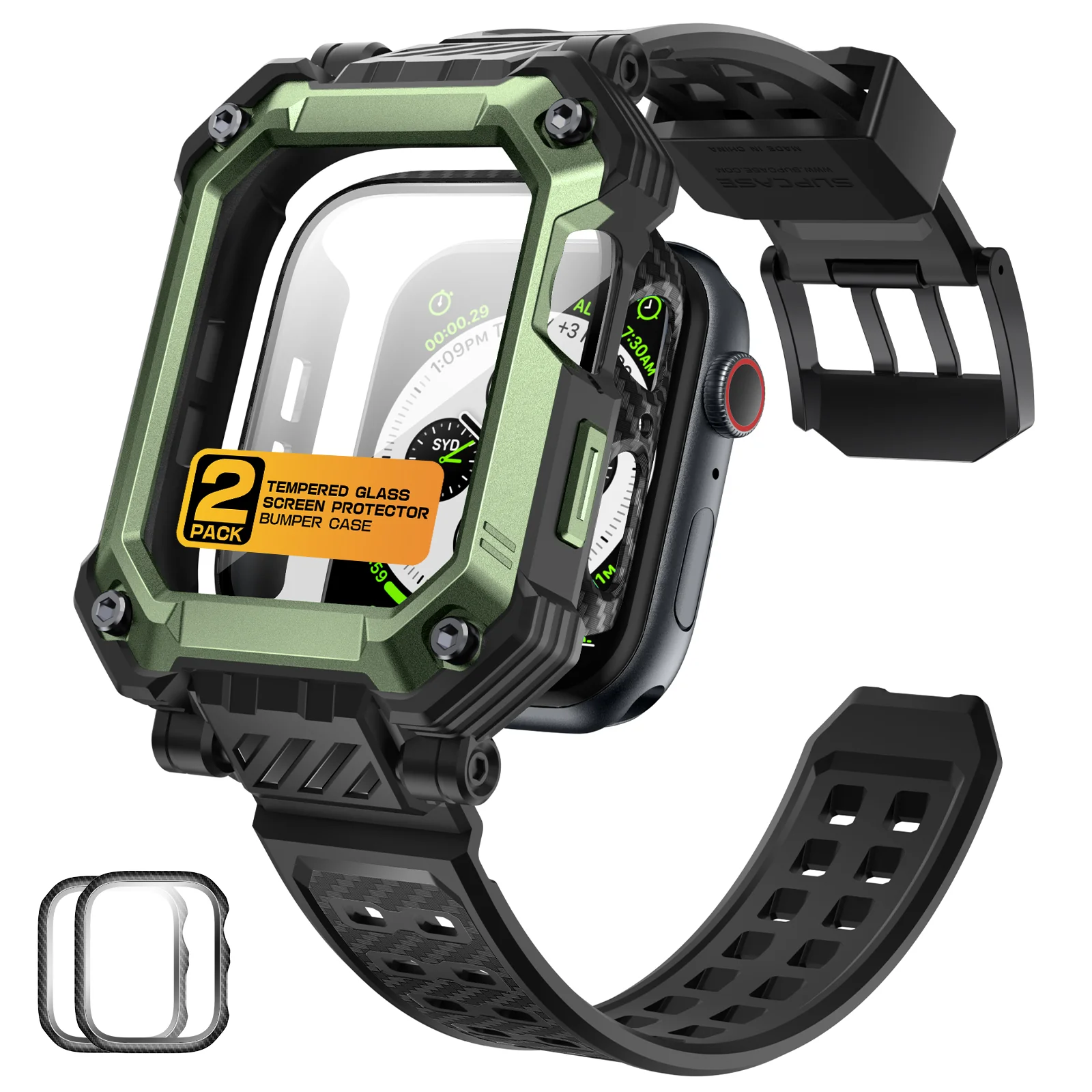 Apple Watch Unicorn Beetle PRO GLASS Rugged Wristband Case with Tempered Glass Screen Protector 45mm-Dark Green - Image 3