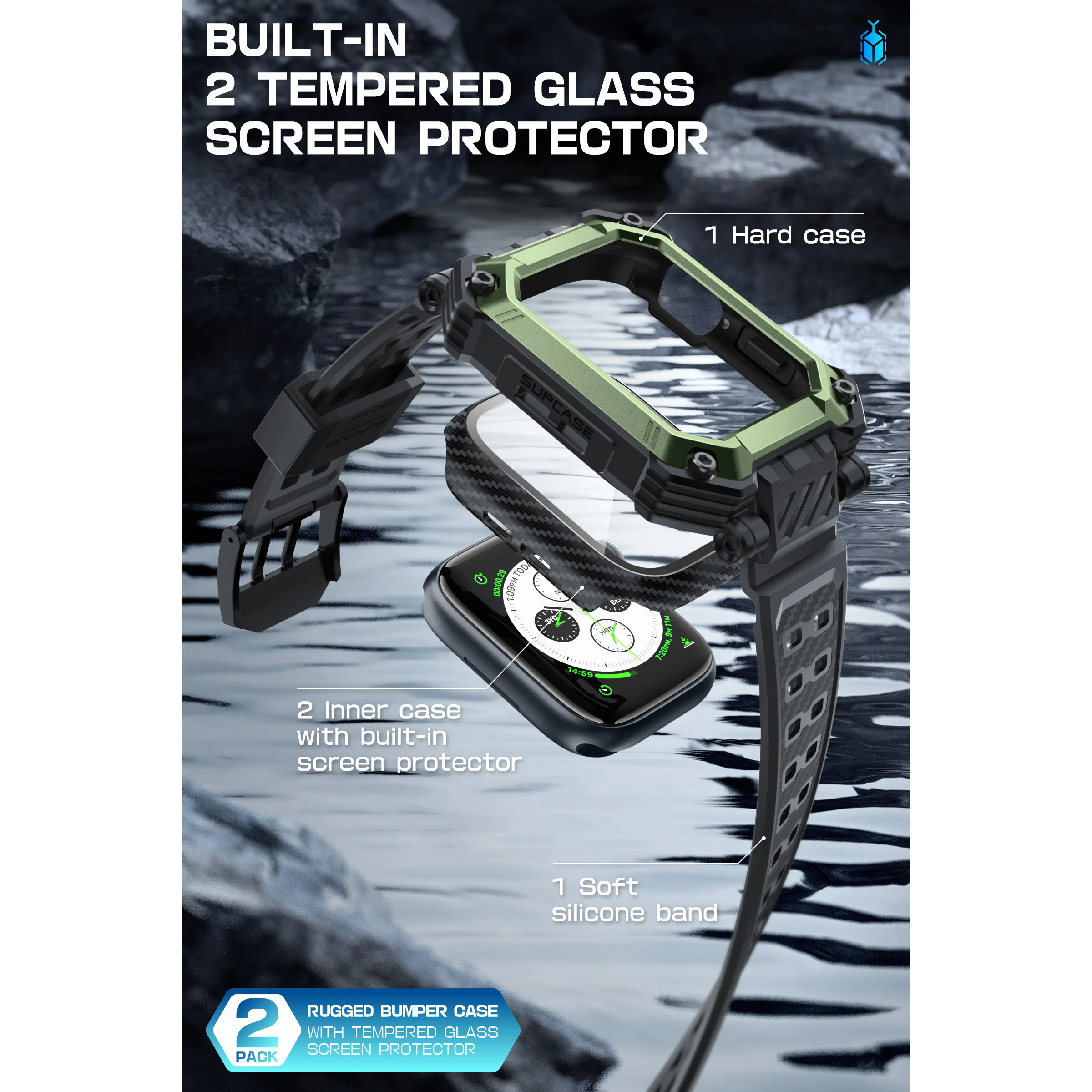 Apple Watch Unicorn Beetle PRO GLASS Rugged Wristband Case with Tempered Glass Screen Protector 45mm-Dark Green - Image 6