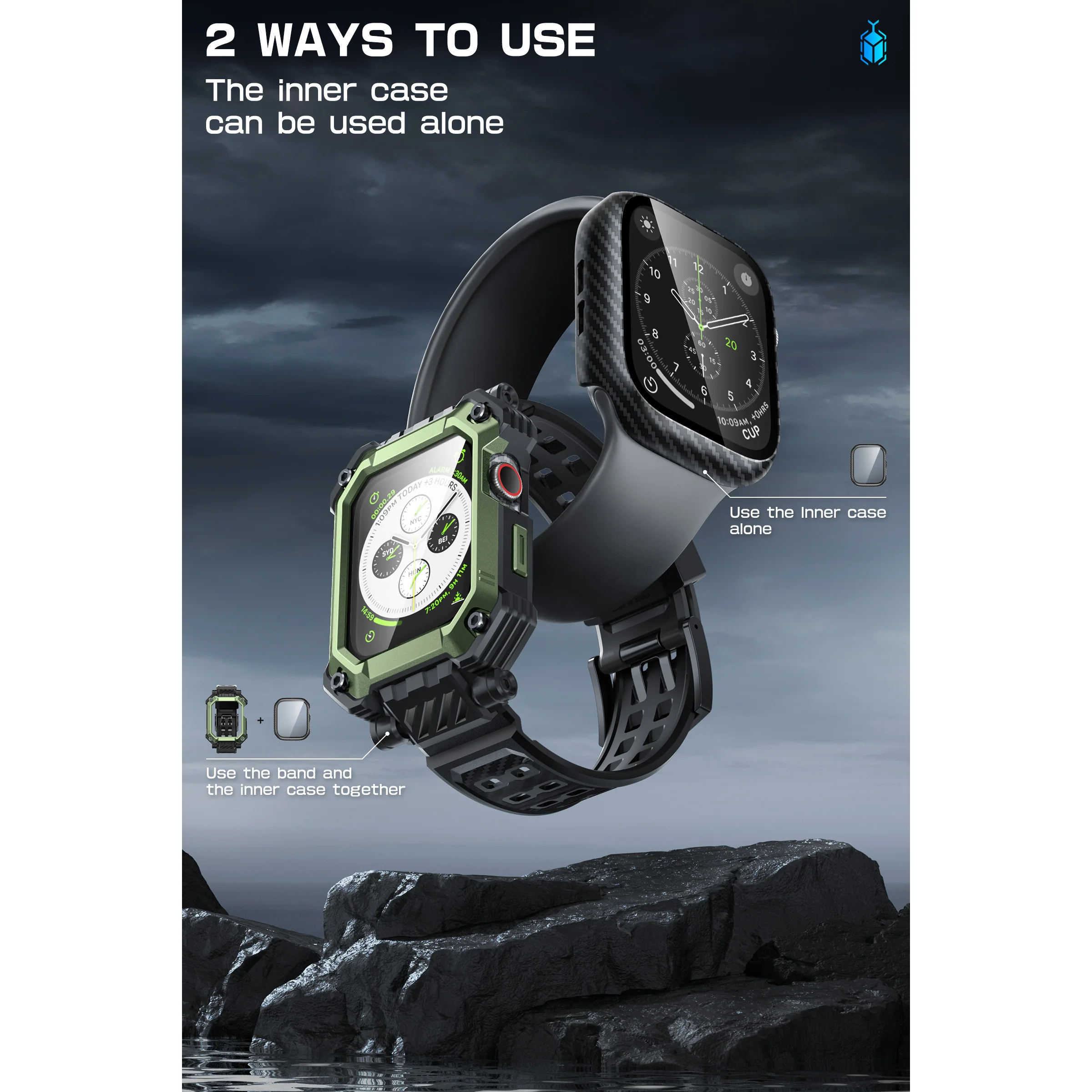 Apple Watch Unicorn Beetle PRO GLASS Rugged Wristband Case with Tempered Glass Screen Protector 45mm-Dark Green - Image 7