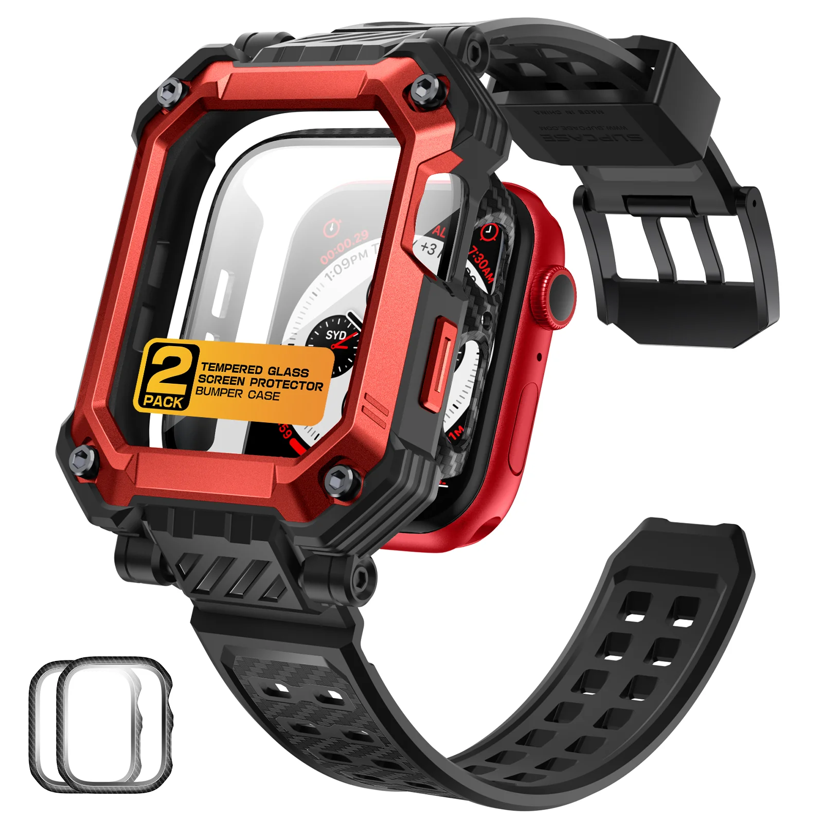 Apple Watch Unicorn Beetle PRO GLASS Rugged Wristband Case with Tempered Glass Screen Protector 45mm-Metallic Red - Image 3