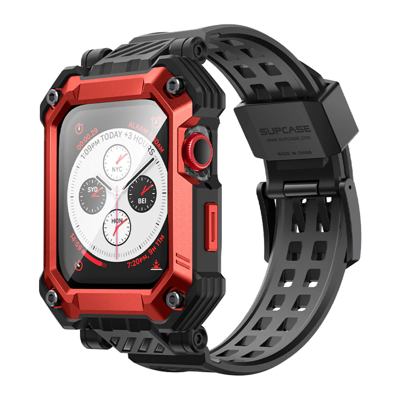 Apple Watch Unicorn Beetle PRO GLASS Rugged Wristband Case with Tempered Glass Screen Protector 45mm-Metallic Red - Image 5