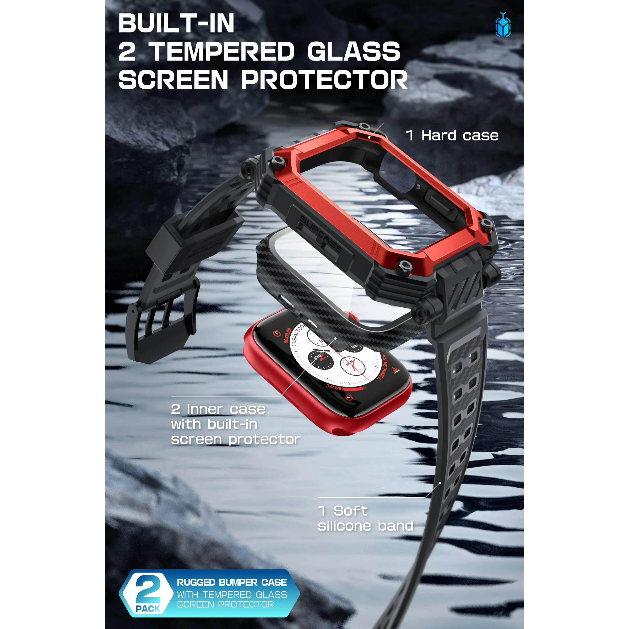 Apple Watch Unicorn Beetle PRO GLASS Rugged Wristband Case with Tempered Glass Screen Protector 45mm-Metallic Red - Image 7