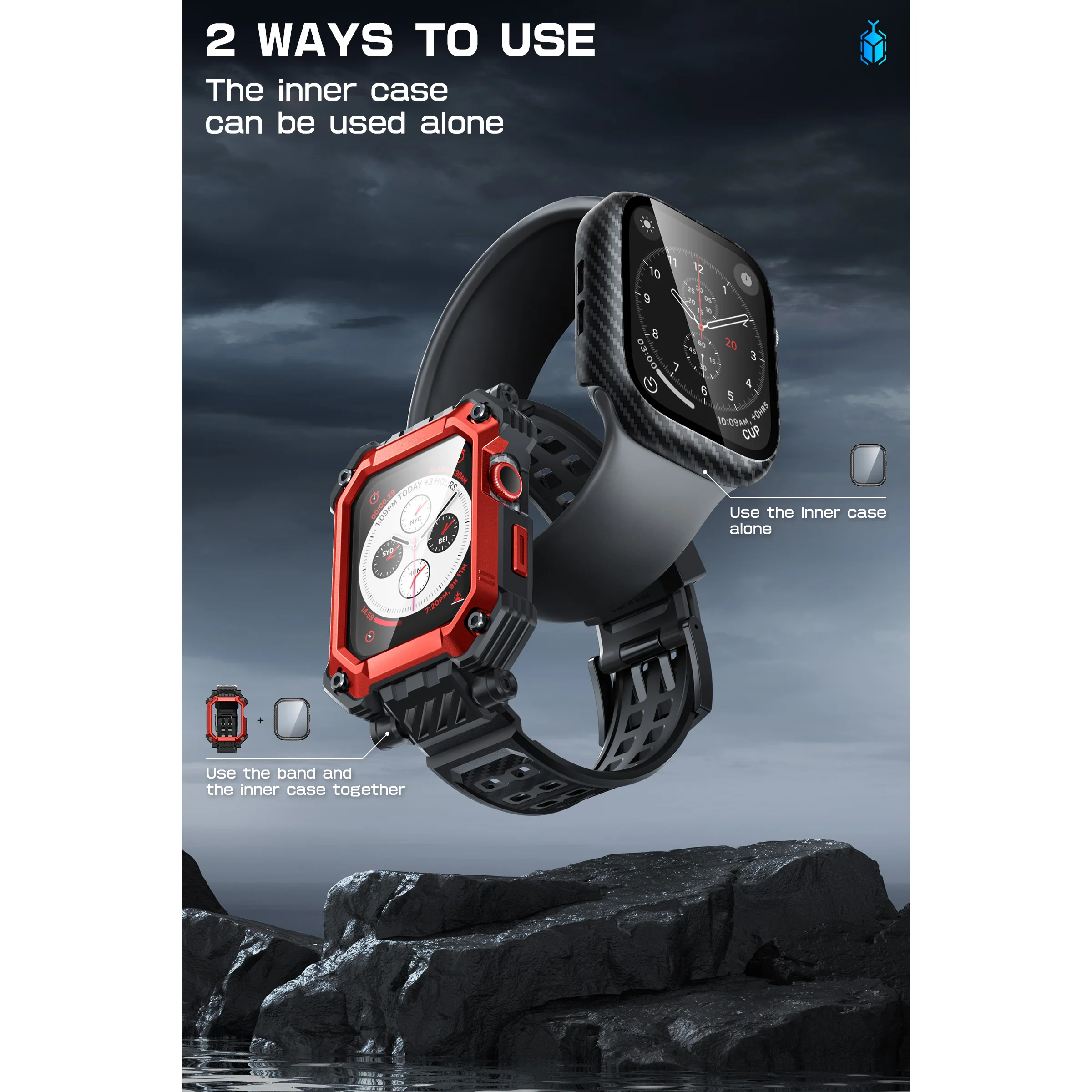 Apple Watch Unicorn Beetle PRO GLASS Rugged Wristband Case with Tempered Glass Screen Protector 45mm-Metallic Red - Image 8