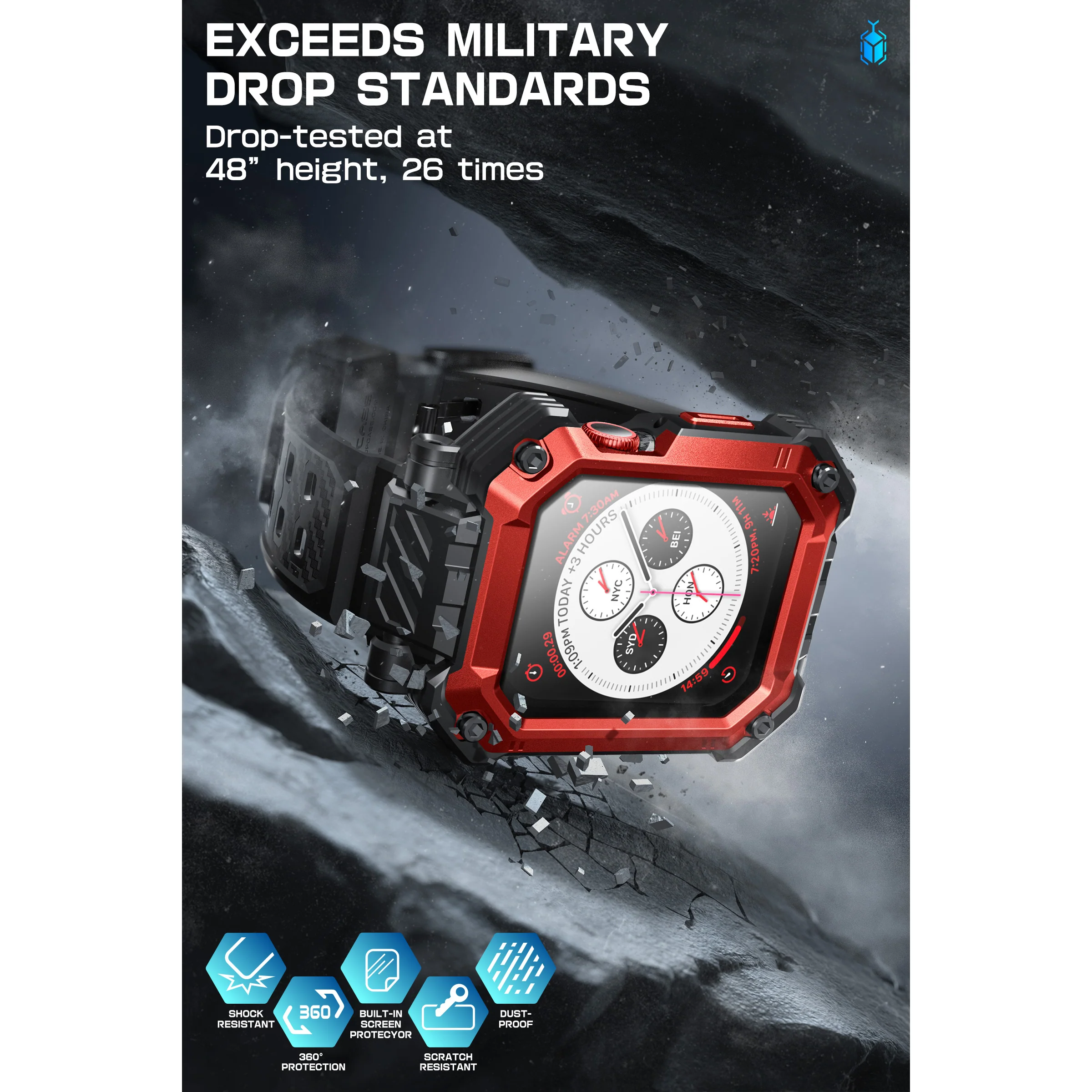 Apple Watch Unicorn Beetle PRO GLASS Rugged Wristband Case with Tempered Glass Screen Protector 45mm-Metallic Red - Image 9