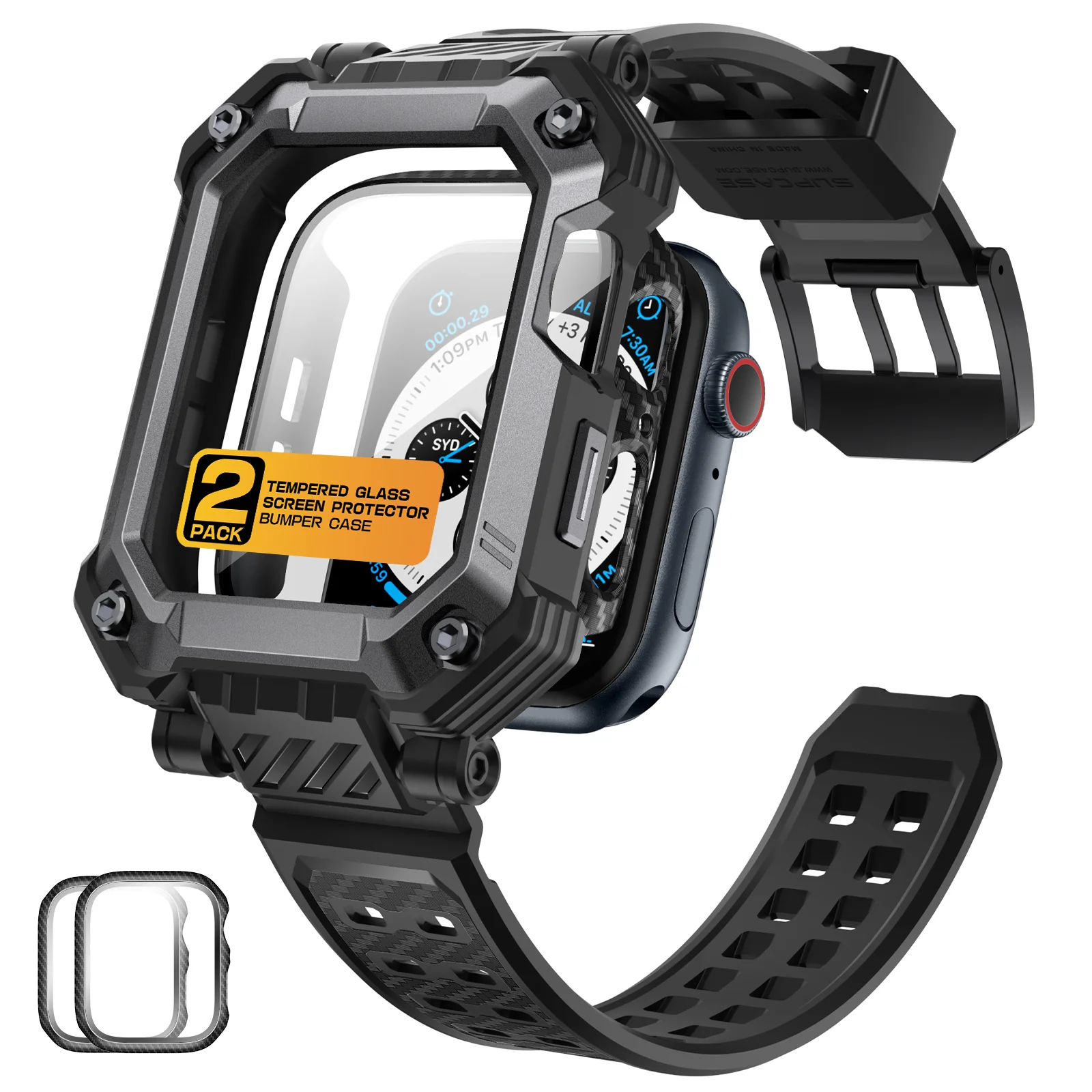 Apple Watch Unicorn Beetle PRO GLASS Rugged Wristband Case with Tempered Glass Screen Protector 45mm-Black - Image 3