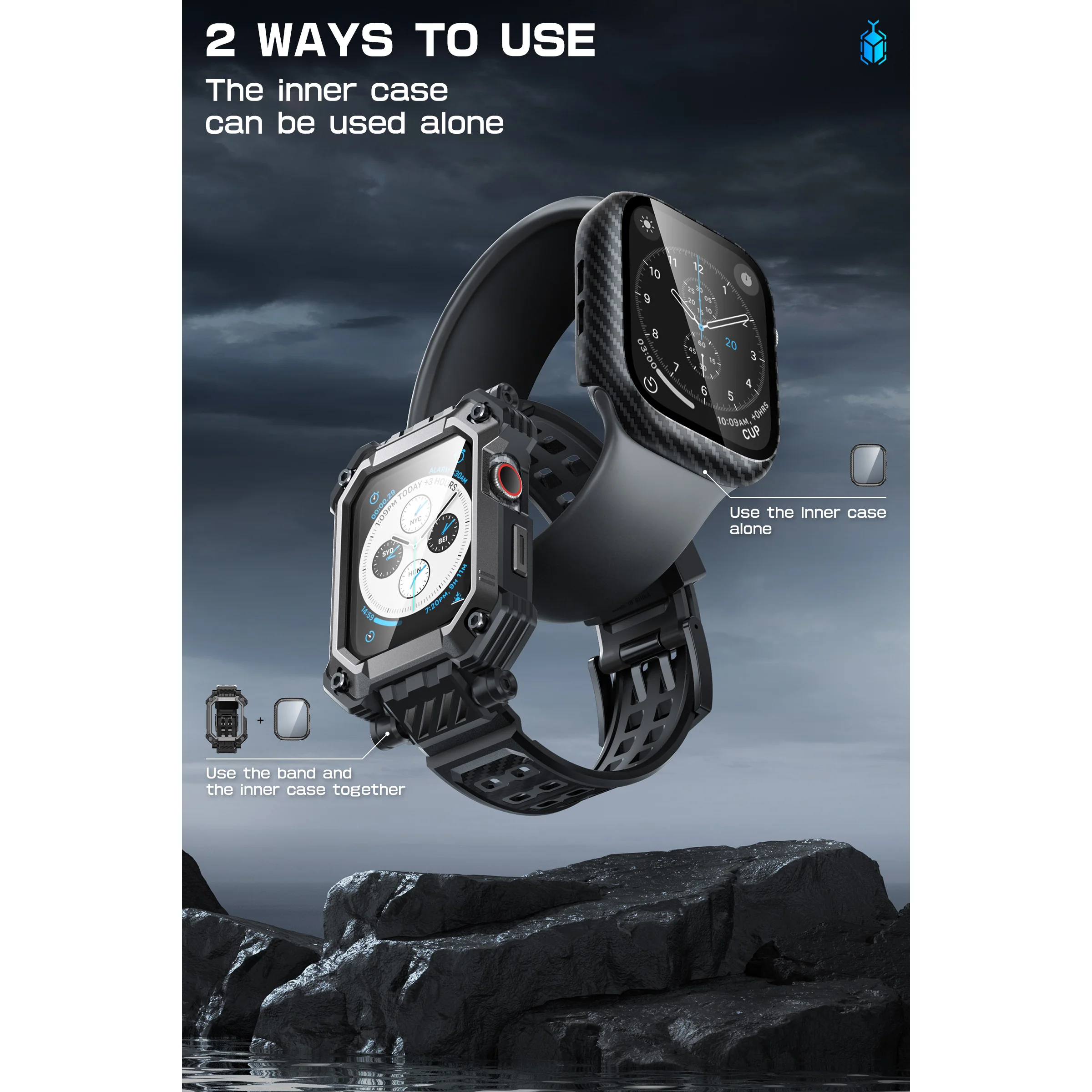 Apple Watch Unicorn Beetle PRO GLASS Rugged Wristband Case with Tempered Glass Screen Protector 45mm-Black - Image 9