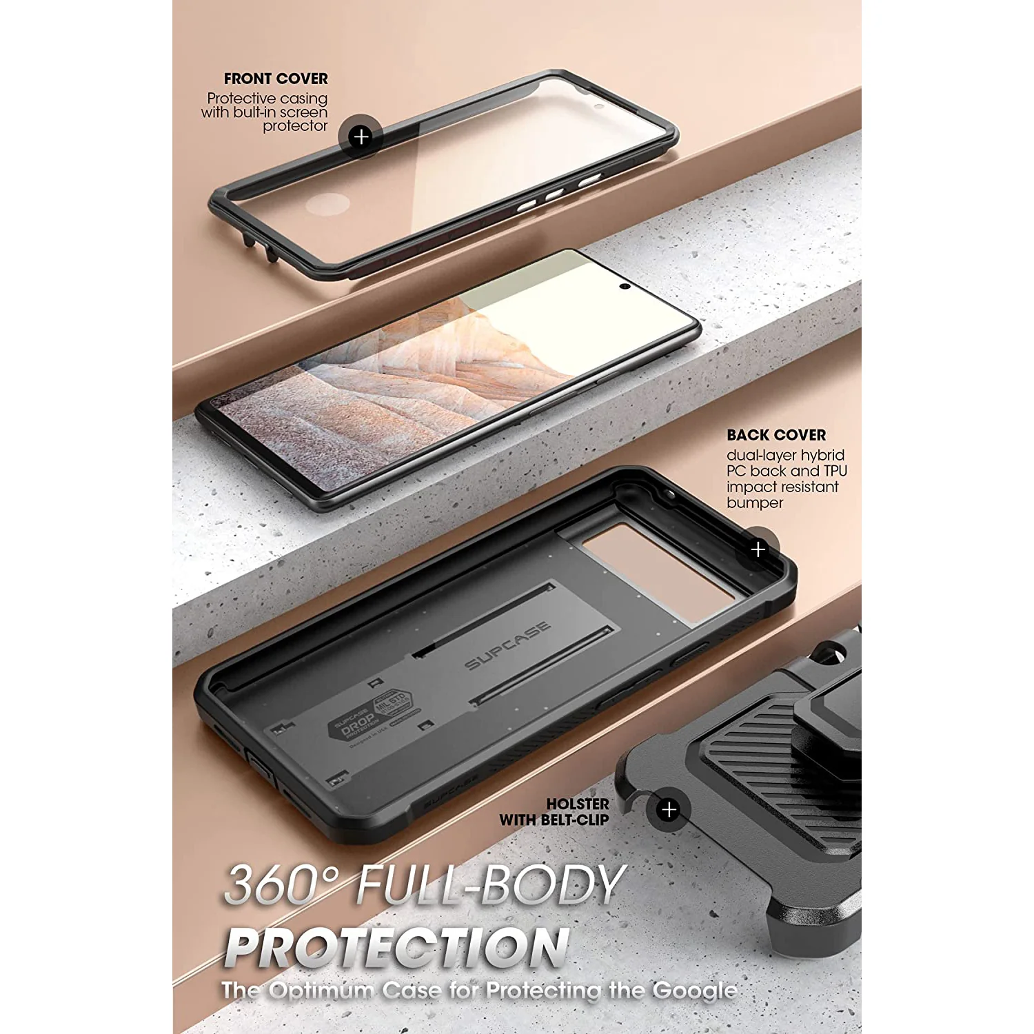 Google Pixel 6 Unicorn Beetle PRO Rugged Holster Case-Black - Image 3