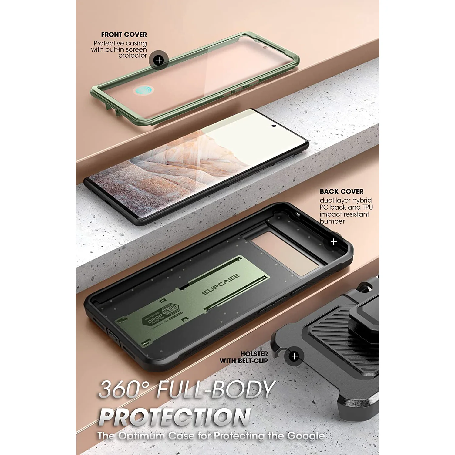 Google Pixel 6 Pro Unicorn Beetle PRO Rugged Holster Case-Dark Green - Image 3